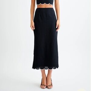 Meshki Alessio Black Scallop Linen Midi Skirt- XL- NWT